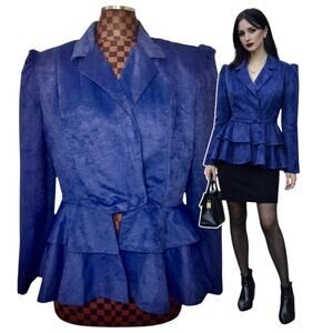 Vintage 80s Blue Velvet Peplum Blazer Jacket Size XL Puff Sleeve Whimsigoth Glam